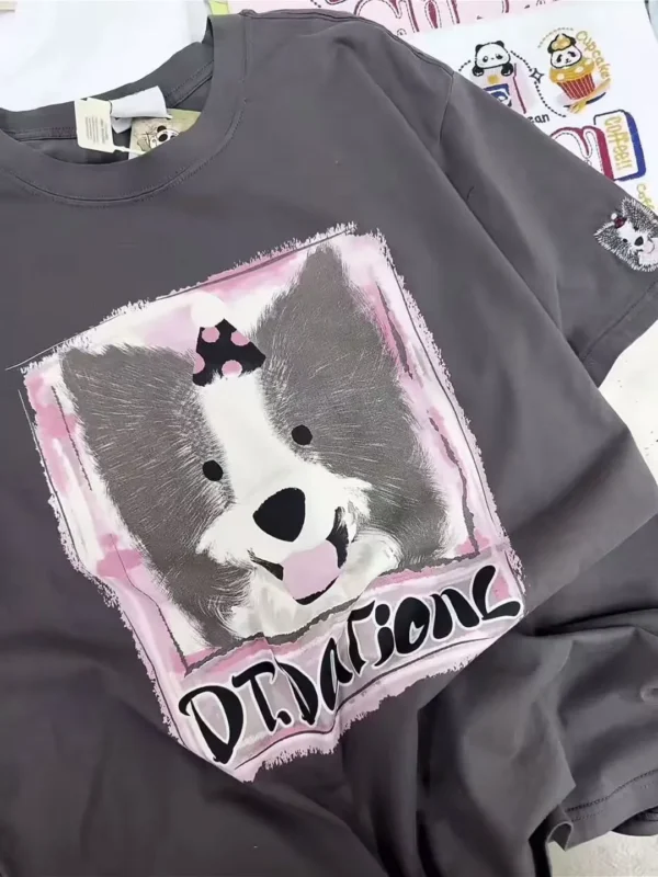 100%纯棉韩版双色小狗透气网红款圆领高级感t恤男女夏季爆款