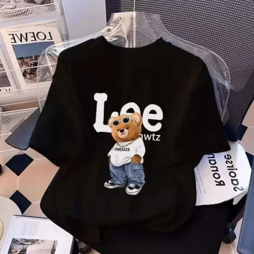 100%纯棉小熊透气网红款圆领网红短袖t恤男女同款.