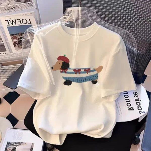 100%纯棉美式腊肠狗透气网红款圆领网红短袖t恤男女同款