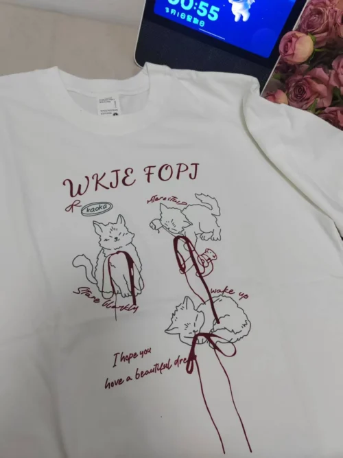 100%纯棉卡通蝴蝶结小猫百搭透气网红款圆领短袖t恤男女夏季爆款