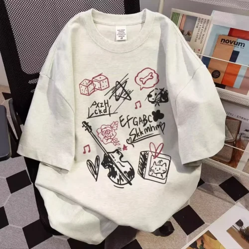 100%纯棉卡通集合透气网红款圆领网红短袖t恤男女同款