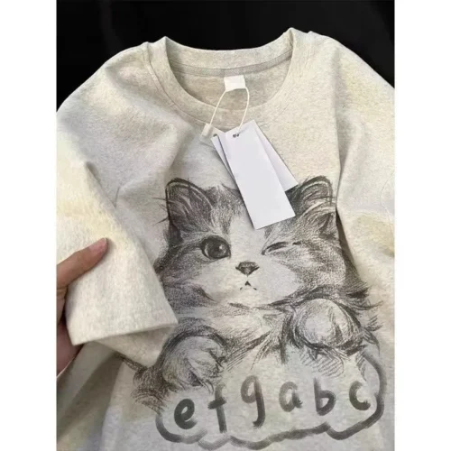 100%纯棉小线条帽水墨透气网红款圆领网红短袖t恤男女同款