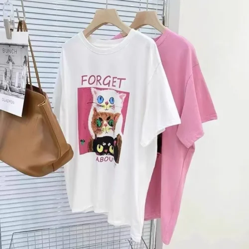 100%纯棉三只猫高级感网红款圆领网红短袖t恤男女同款