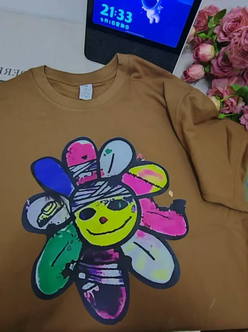 100%纯棉简单小花笑脸男女同款圆领短袖t恤男女夏季爆款情侣款