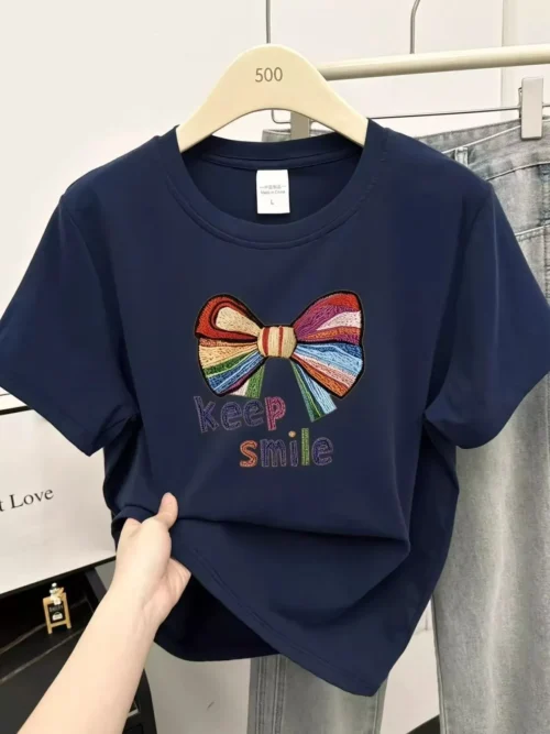 100%纯棉蝴蝶结彩色网红款圆领网红短袖t恤男女同款