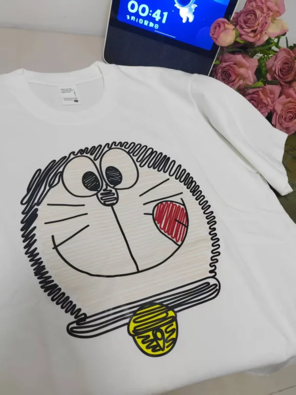 100%纯棉高级感叮当猫卡通大码百搭透气网红款圆领网红短袖t恤男女同款