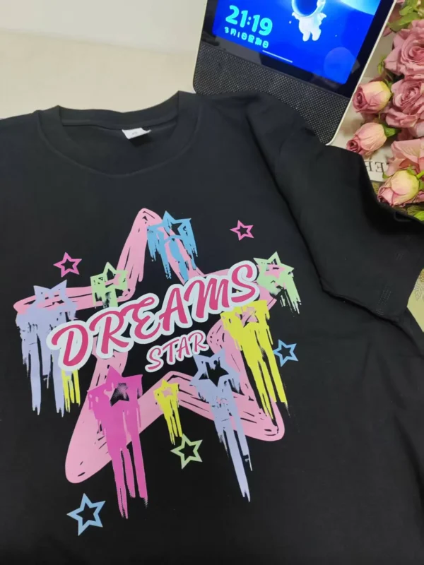 100%纯棉简彩色星星母男女同款圆领短袖t恤男女夏季爆款情侣款