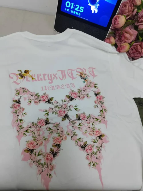 100%纯棉多图网红蝴蝶结大码透气显瘦高级感减龄爆款圆领透气