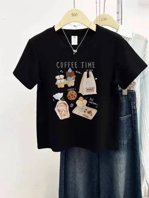 100%纯棉高级感卡通大码百搭透气网红款圆领网红短袖t恤男女同款