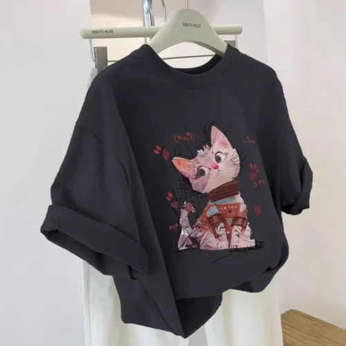 100%纯棉歪脖小猫咪透气网红款圆领网红短袖t恤男女同款