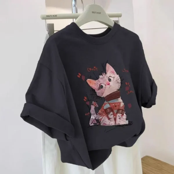 100%纯棉歪脖小猫咪透气网红款圆领网红短袖t恤男女同款