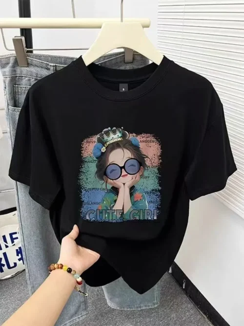 100%纯棉丸子头眼镜女孩透气网红款圆领网红短袖t恤男女同款