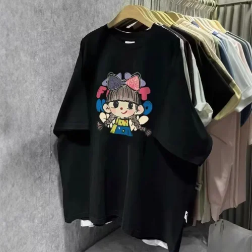 100%纯棉蝴蝶结女孩可爱高级感百搭透气网红款圆领网红短袖t恤男女同款