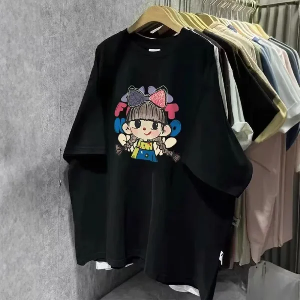 100%纯棉蝴蝶结女孩可爱高级感百搭透气网红款圆领网红短袖t恤男女同款